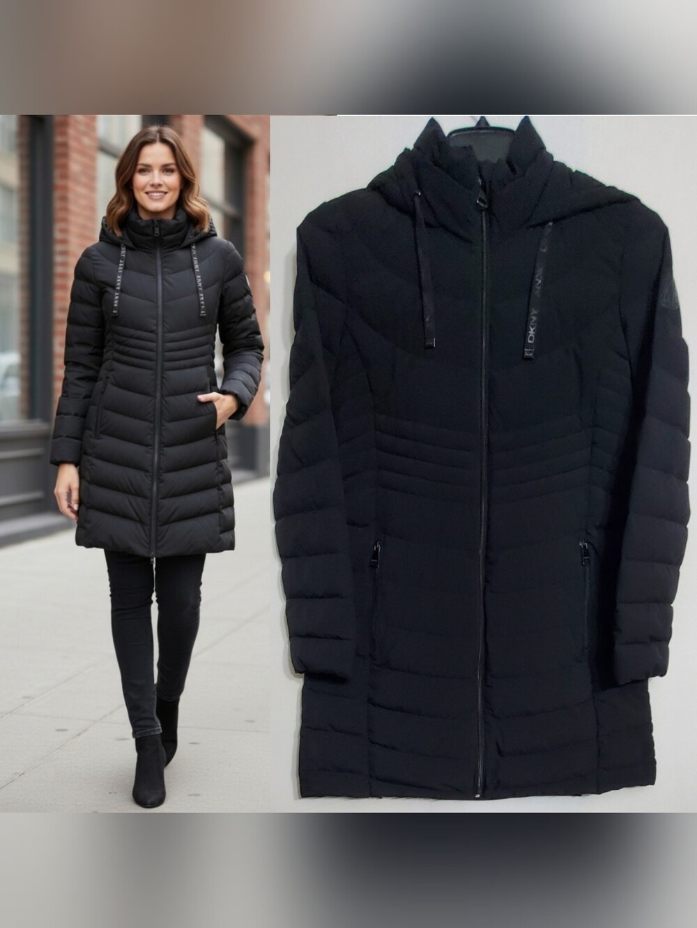 Dkny medium down quilted puffer midi coat jacket black hooded signature outdoor